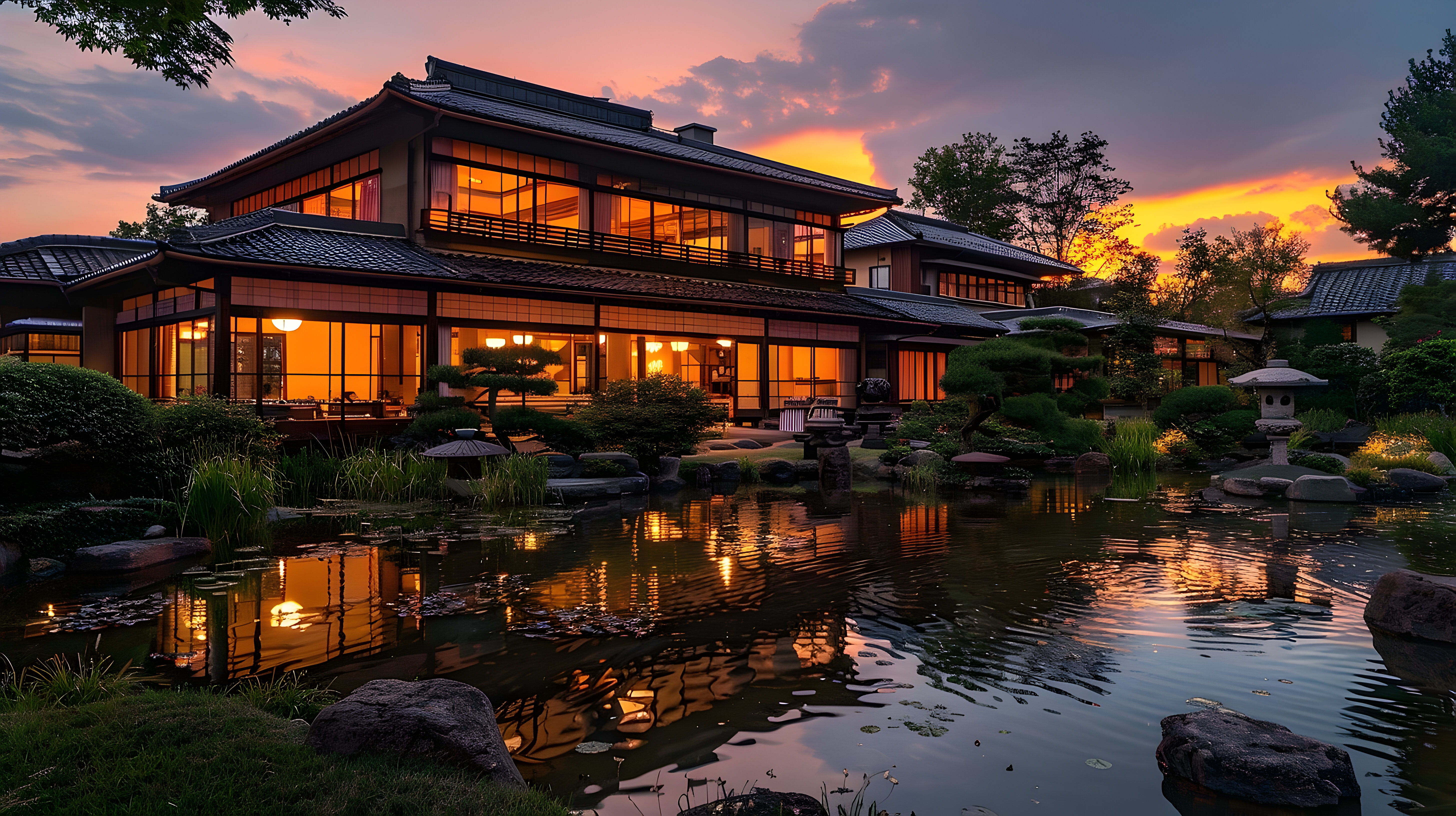 夕景に浮かぶ温泉旅館の外観と庭園