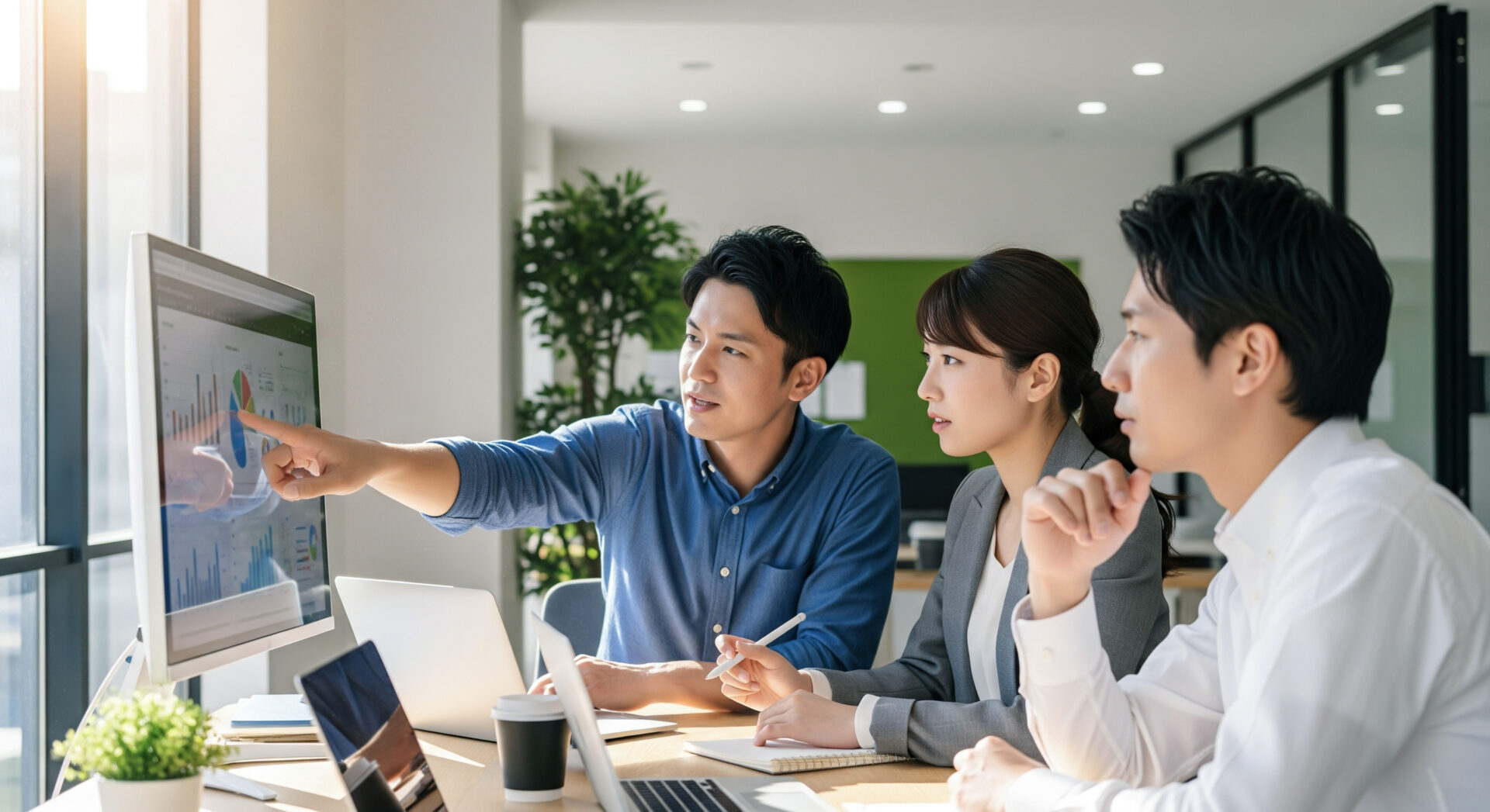 グラフが表示されたモニターを指さしながら、3人のスタッフが収益データを分析し打ち合わせをする様子