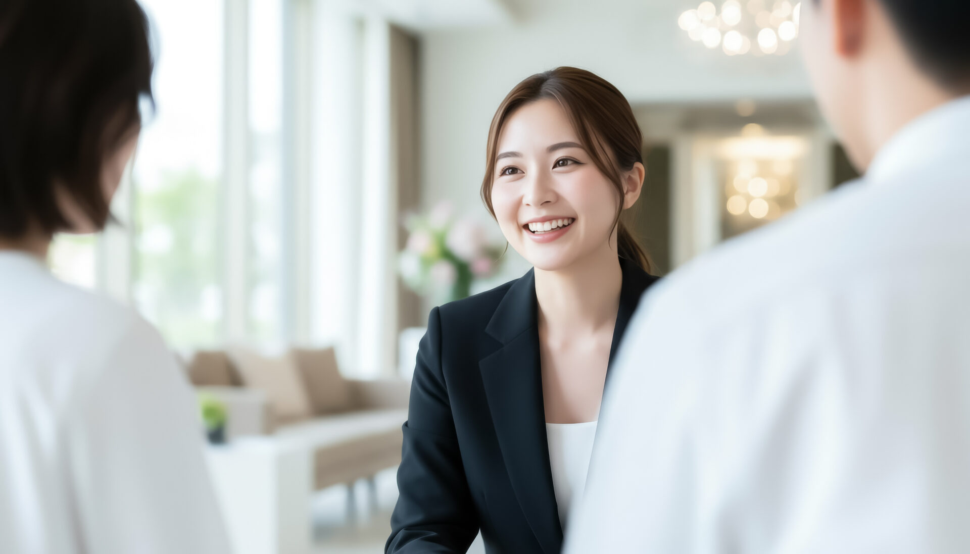 明るいロビーで笑顔を見せる黒いスーツ姿の女性スタッフが、二人の来客と打ち合わせをしている様子