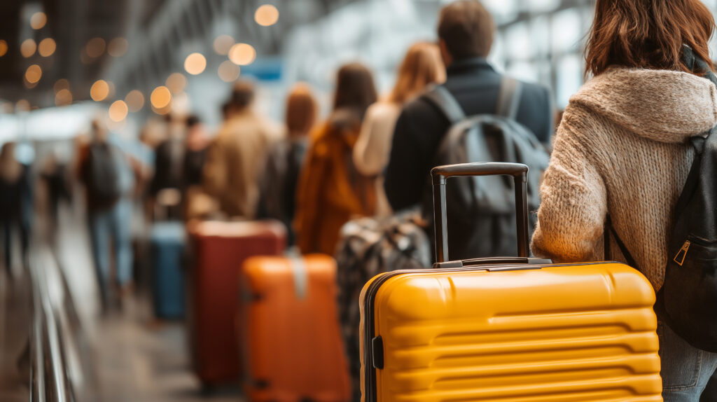 空港でスーツケースを引いて並ぶ旅行者(出国税を財源とする観光予算のイメージ)