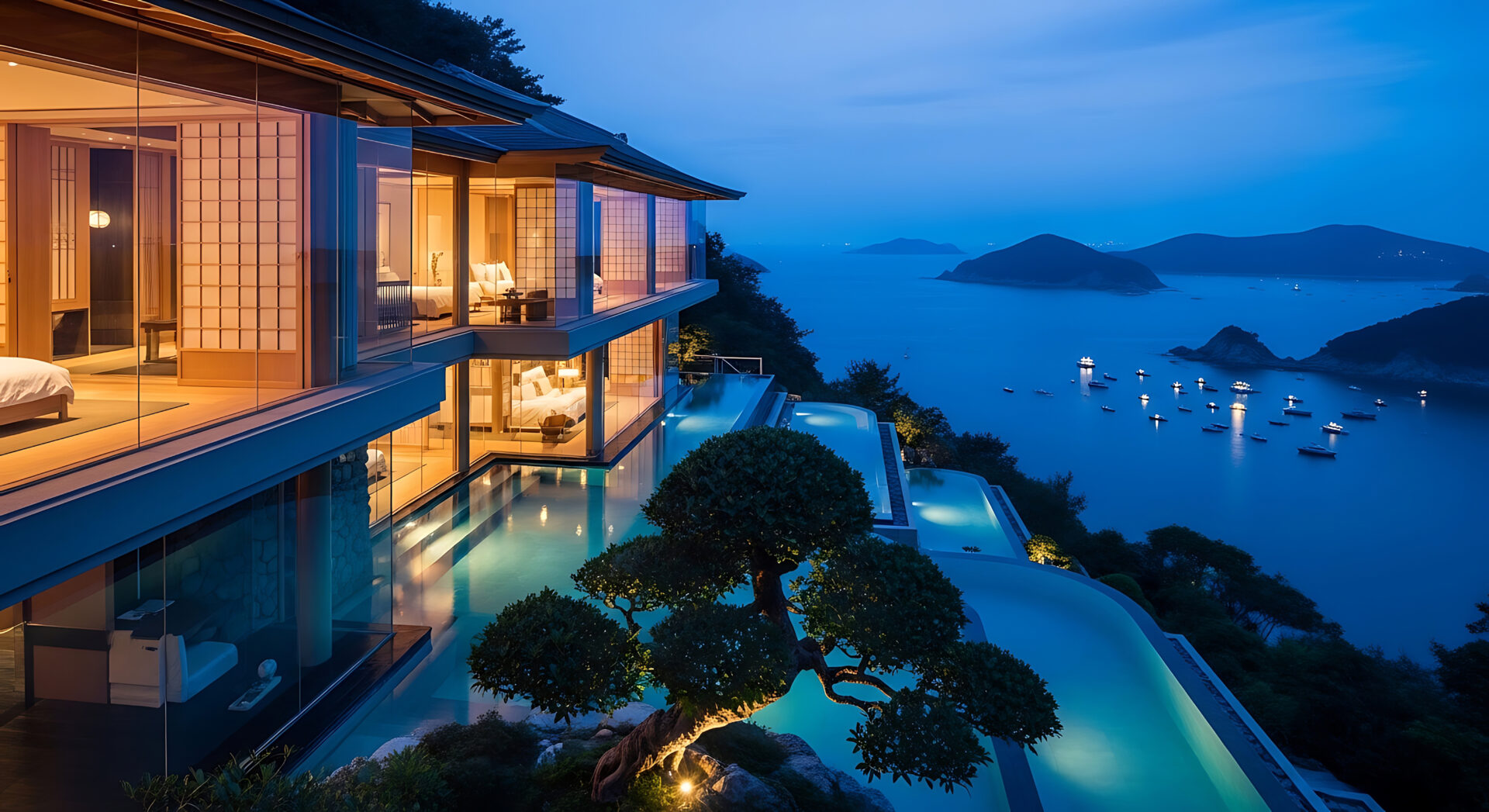 海を望むリゾートホテルの夜景