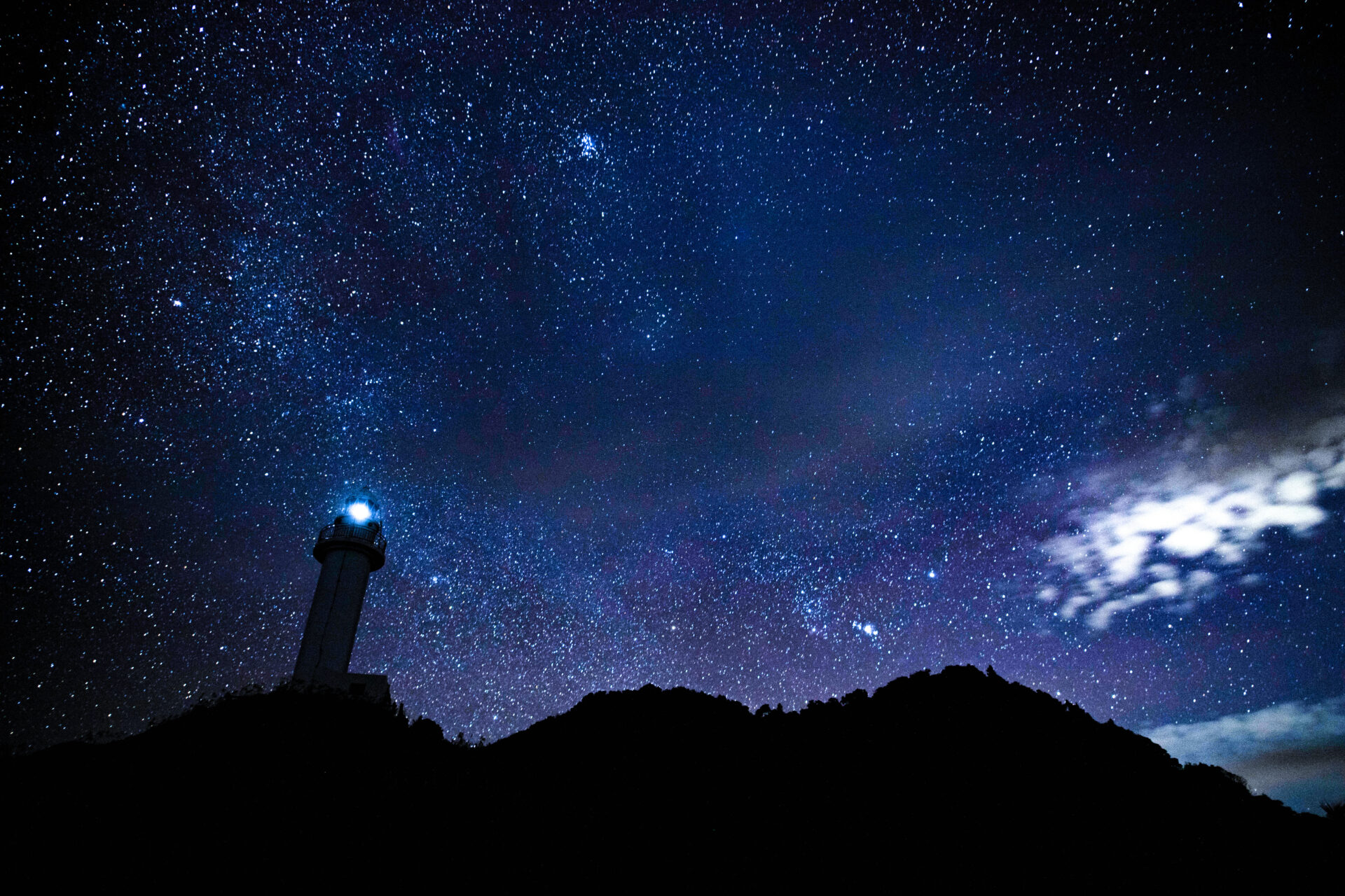 満天の星空に包まれた灯台と、稜線のシルエット越しに広がる天の川