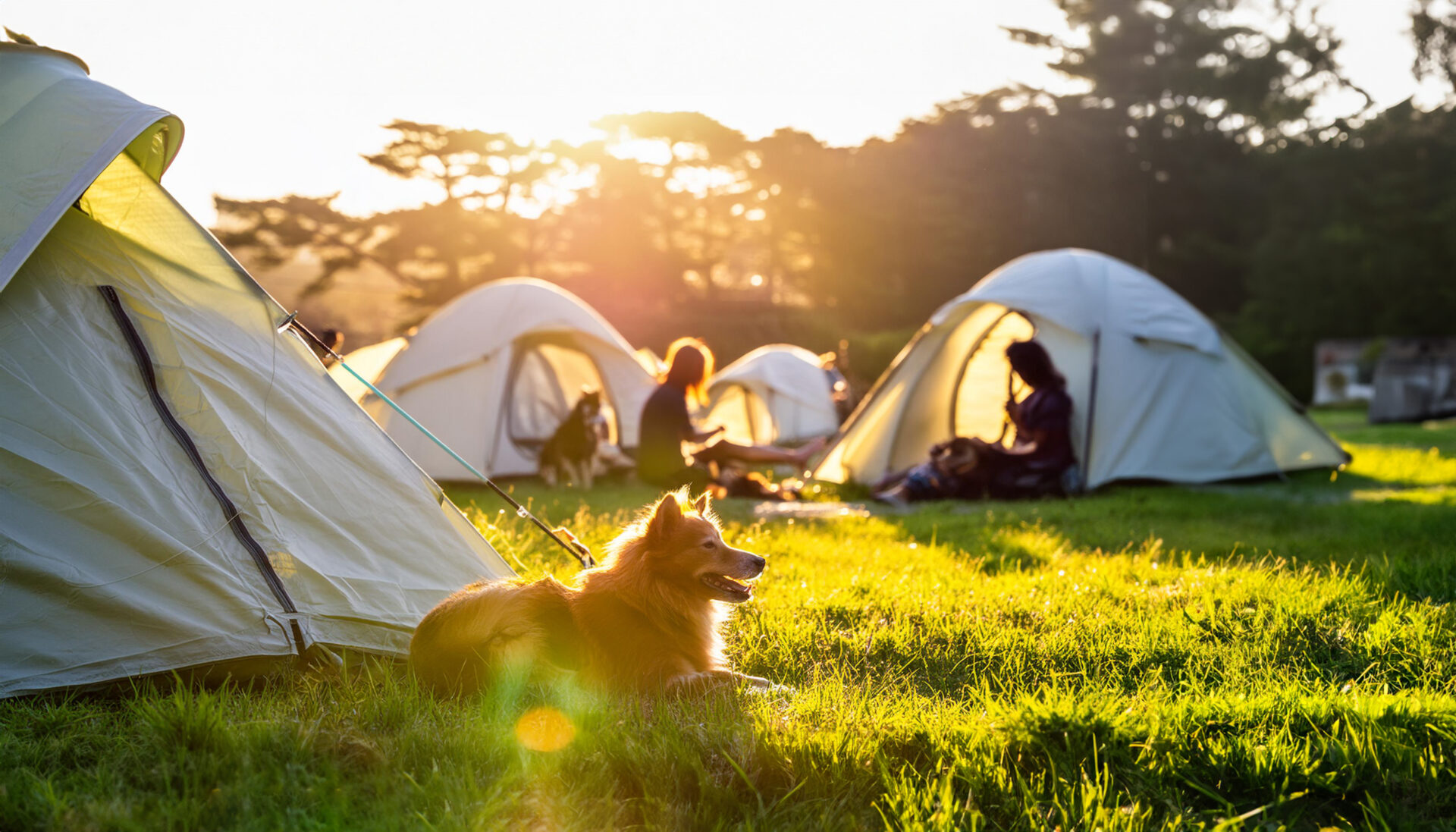 夕日が差し込む芝生のキャンプ場でテントが並び、手前に伏せる犬とくつろぐ人々