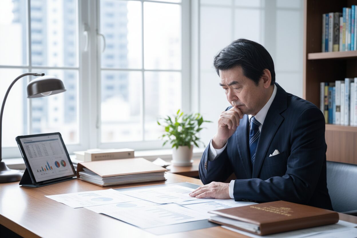 窓辺のオフィスで資料とタブレットを前に、手を顎に当てて経営状況を思案する経営者