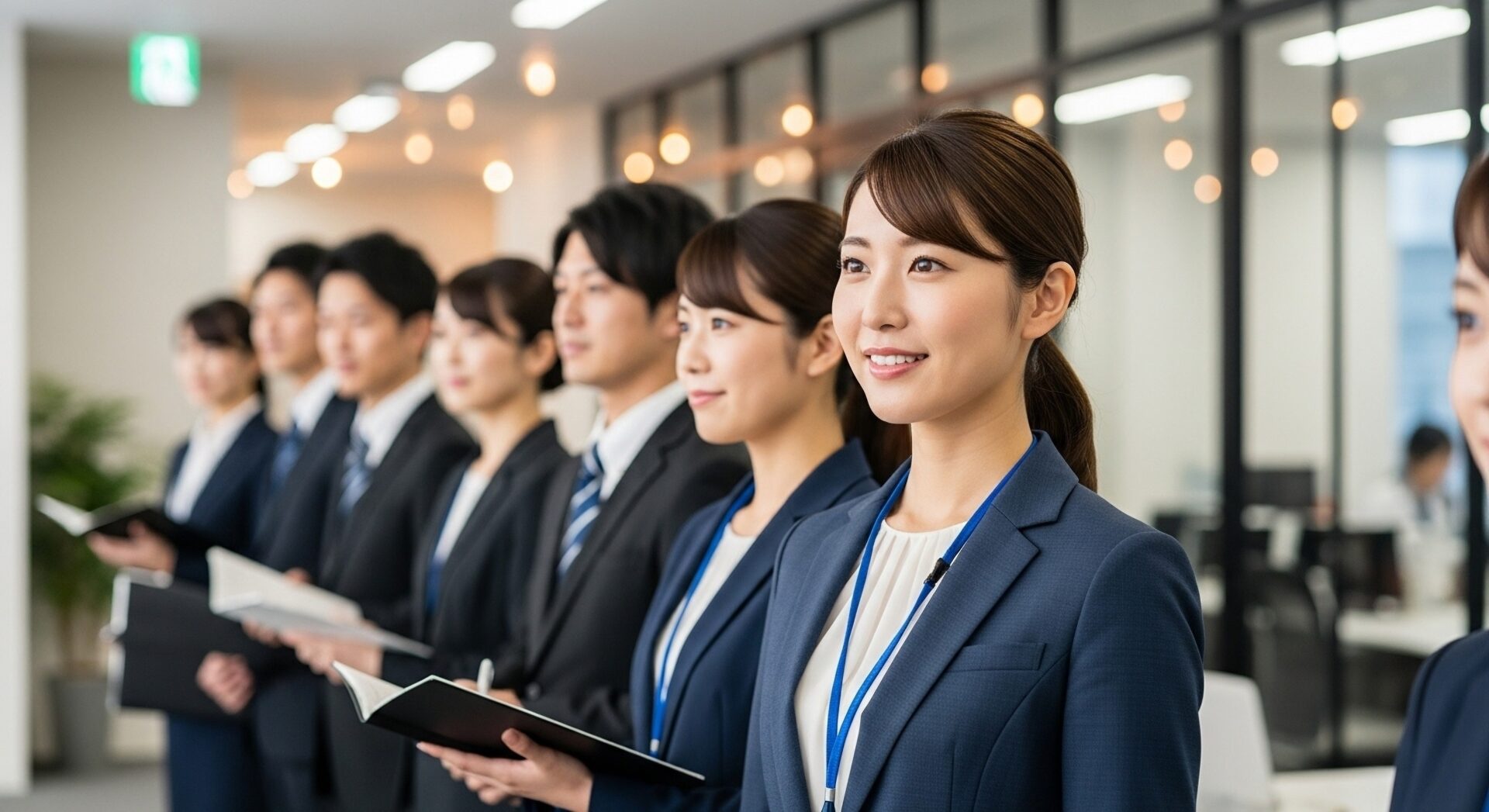 朝礼で整列する旅館・ホテルのスタッフ