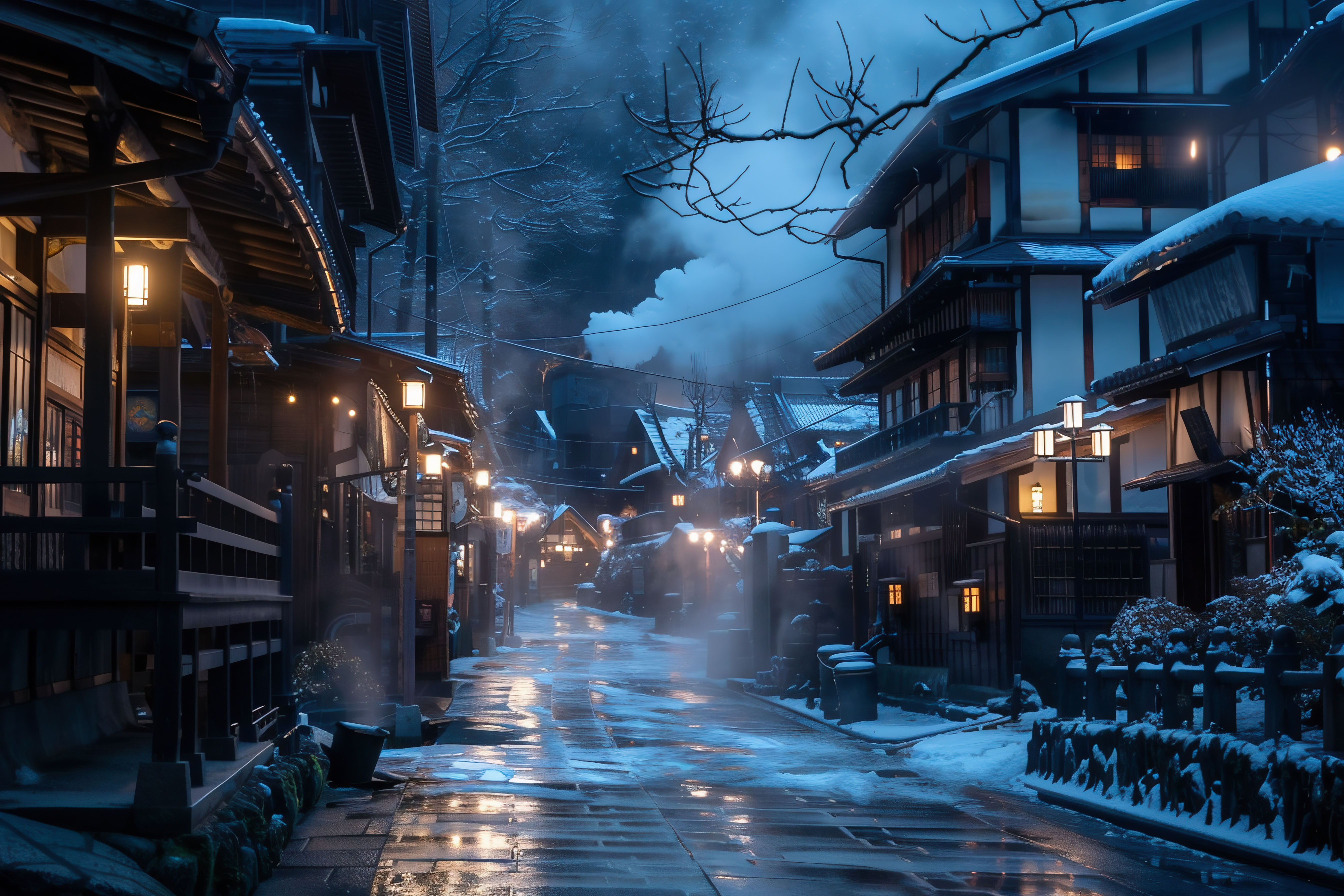 冬の温泉街の夜景