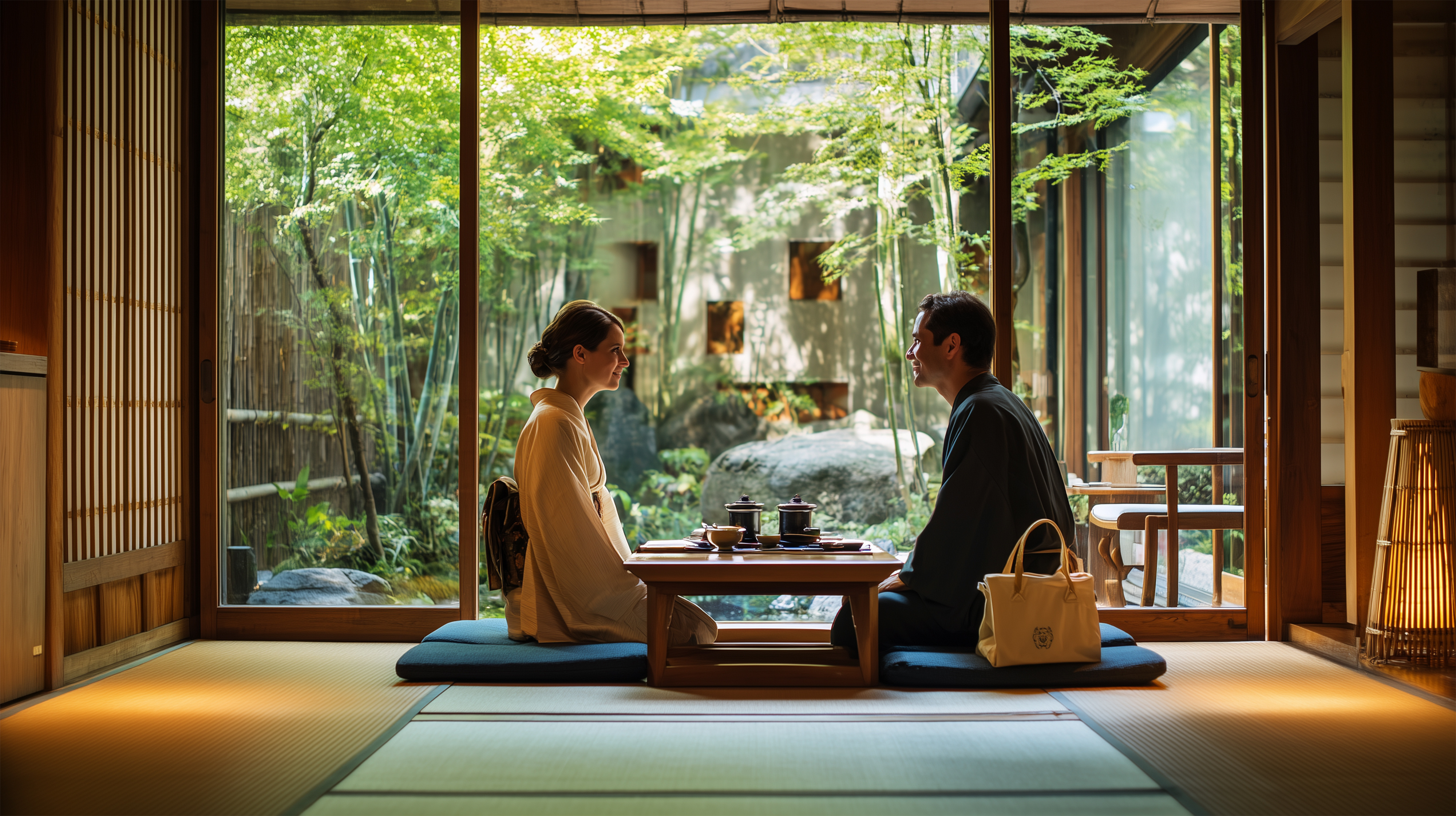 旅館の和室でくつろぐ外国人客