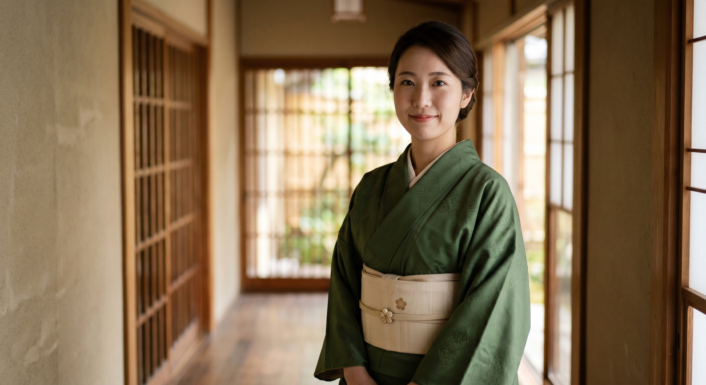 旅館の廊下に立つ着物姿の女性スタッフ
