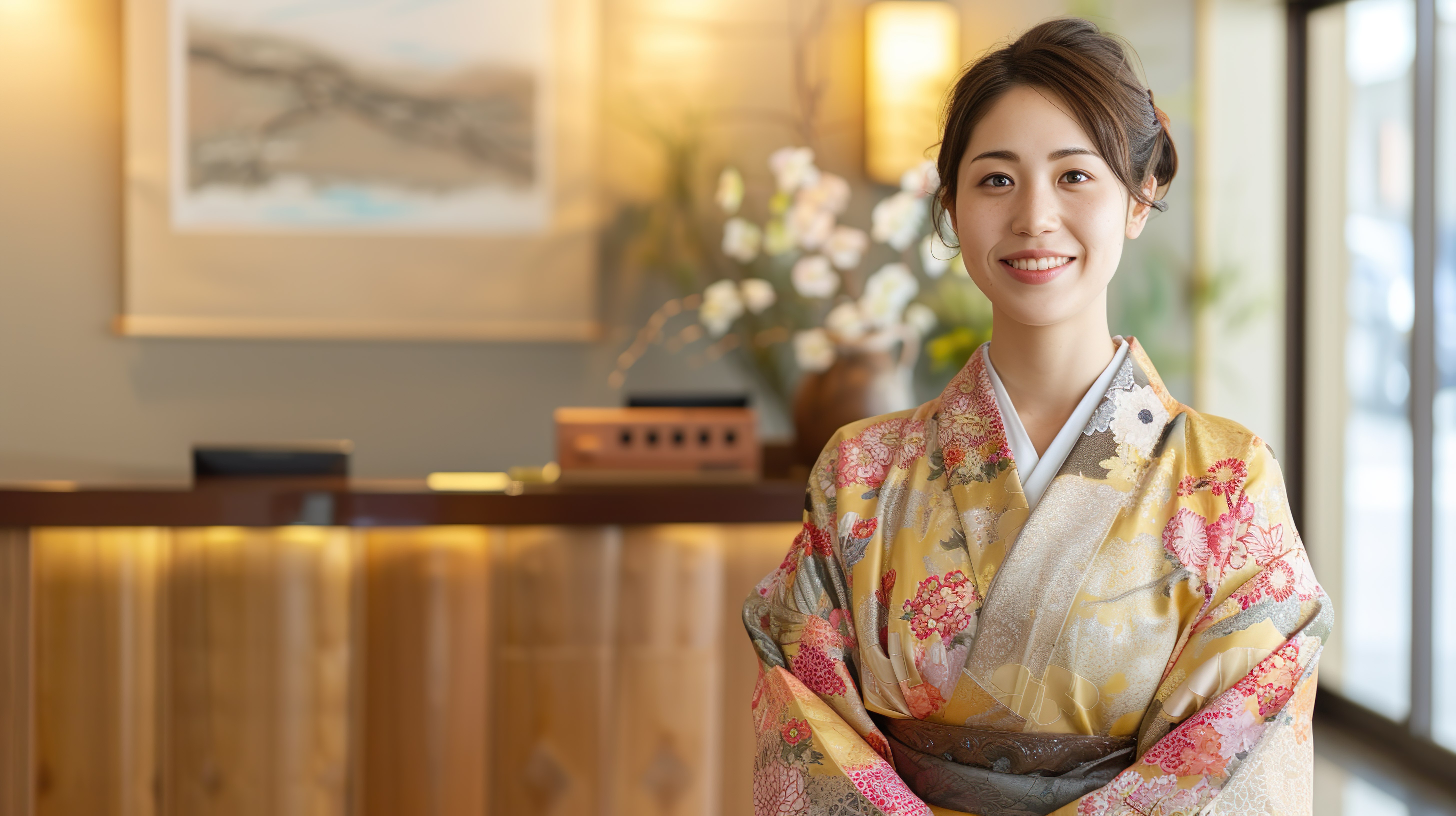 宿に立つ若女将